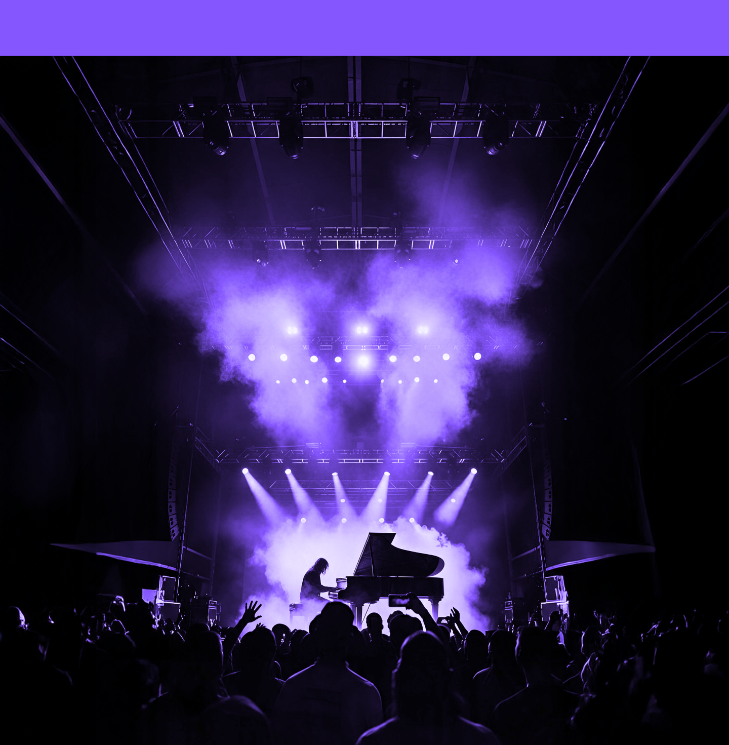 Pianist on a stage bathed in purple light