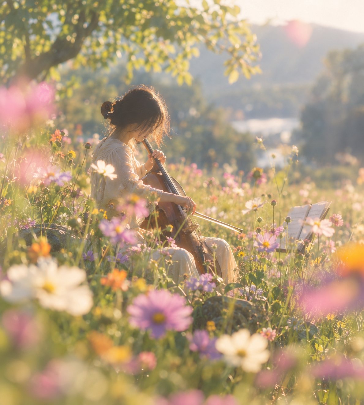 Musician playing in a flower meadow